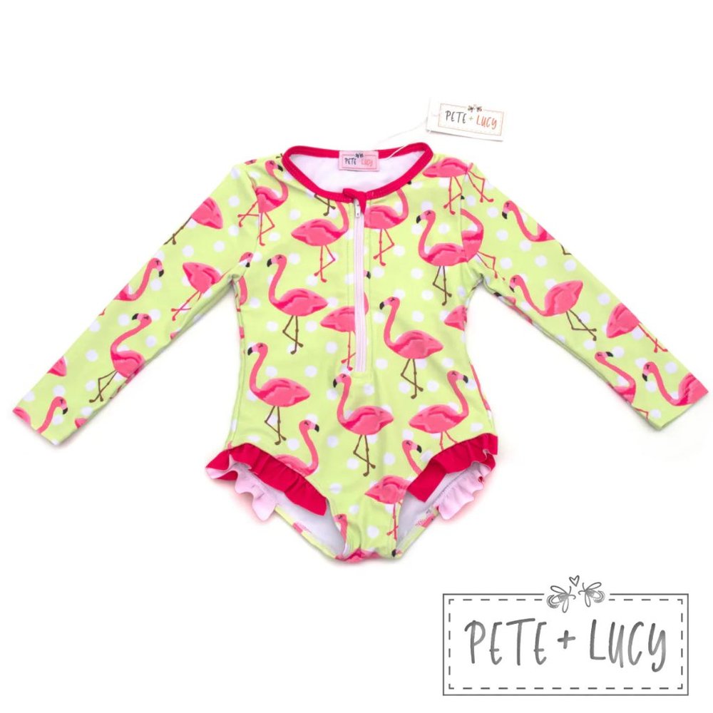 Pete + Lucy One Piece Rash Guard Fancy Flamingo Swimsuit Size 2T